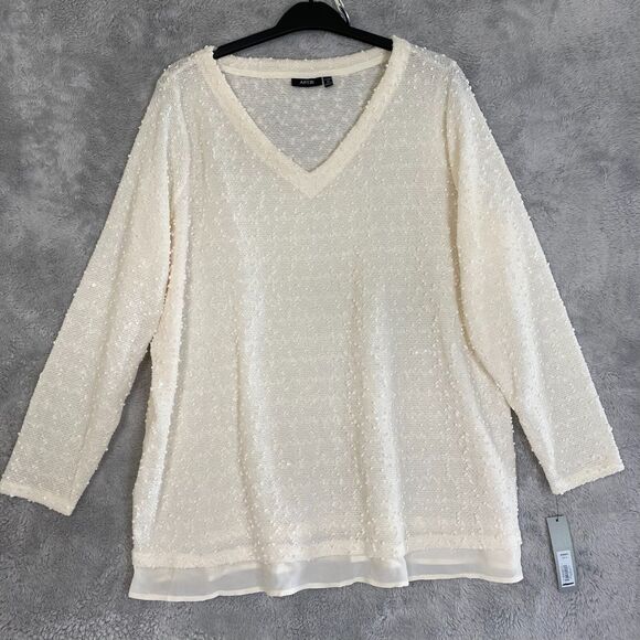 APT.9 Long Sleeve Vneck Sequined Top Knit Ivory Plus Size 2X Stretch - Picture 5 of 12